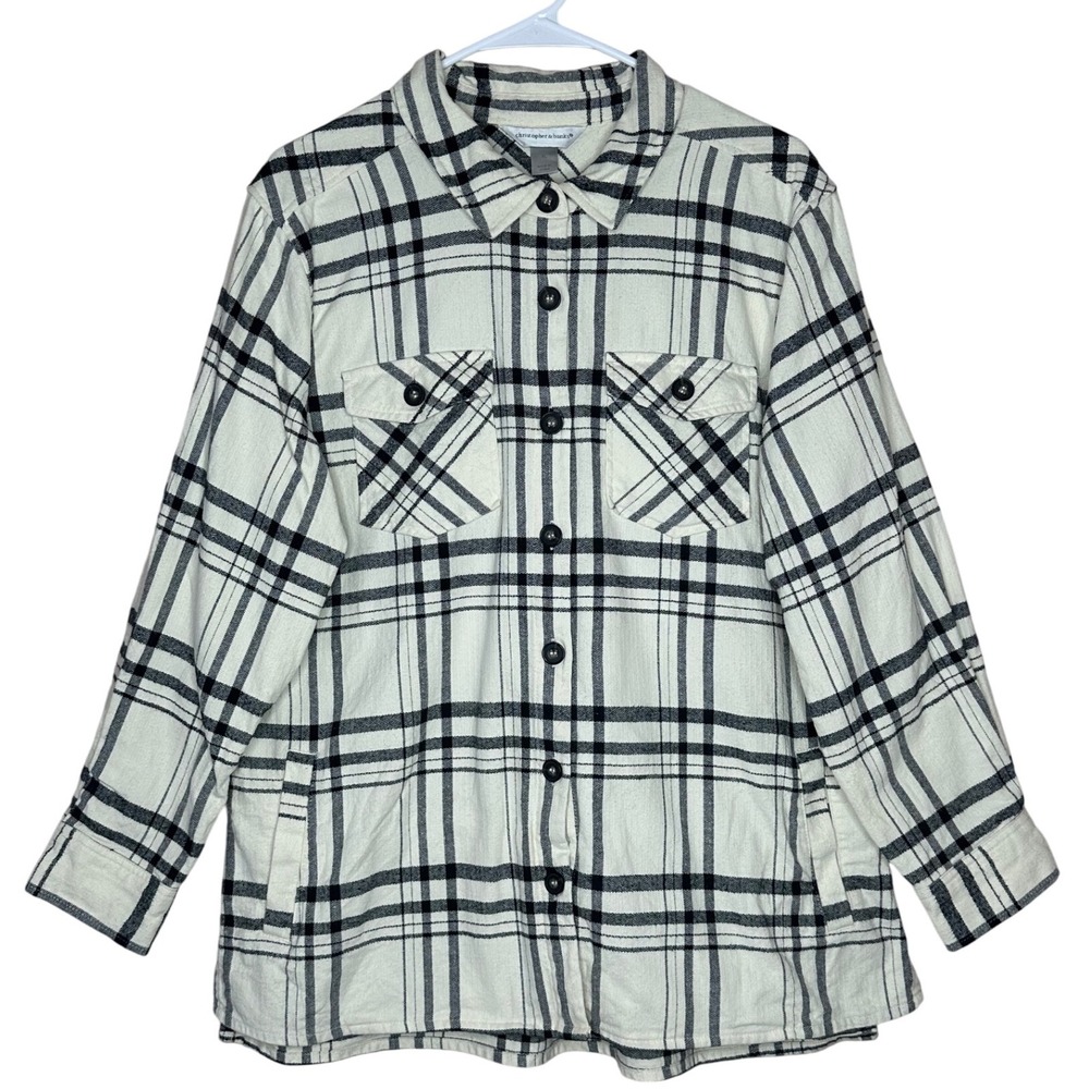 Christopher & Banks White Black Plaid‎ Flannel Shirt Jacket XL Overshirt pockets